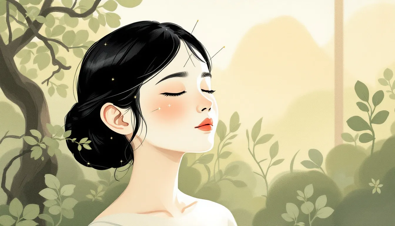 An illustration showing acupuncture needles gently placed on a person's face, focusing on facial acupuncture.