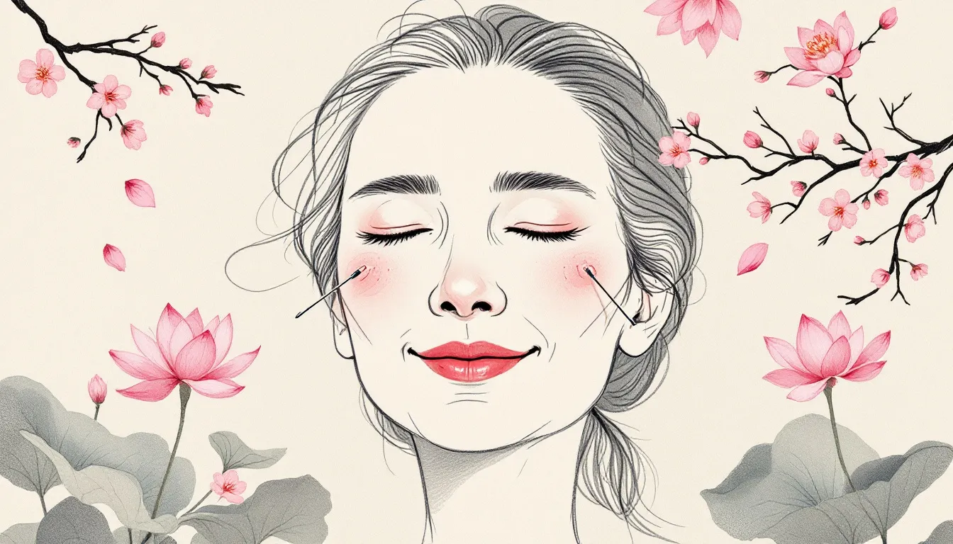 An image showing various skin concerns that can be addressed by facial acupuncture, with a focus on fine lines.