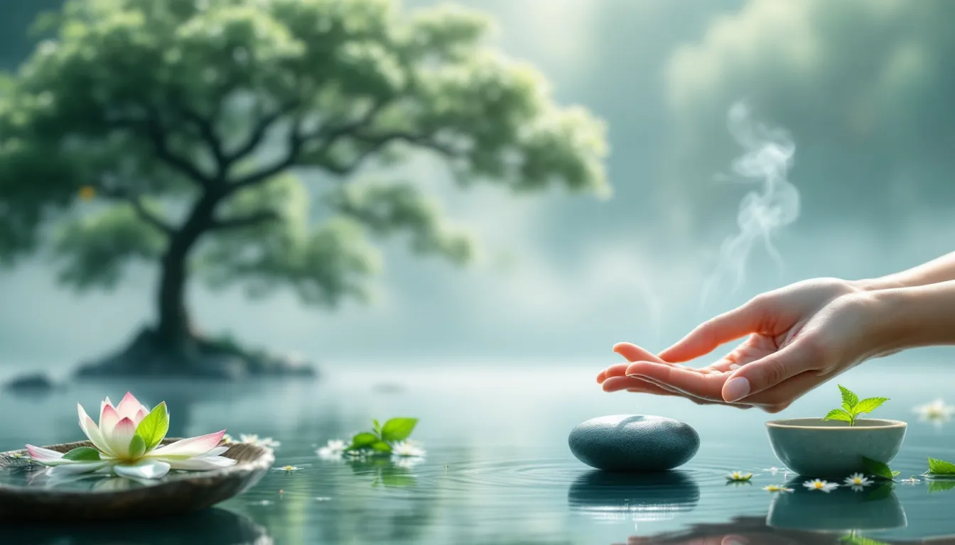 An artistic portrayal of holistic skin health practices, including facial acupuncture and natural remedies.