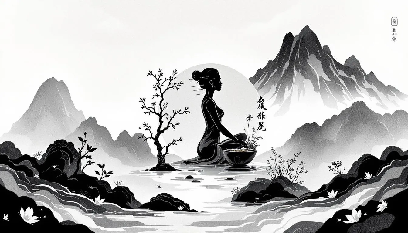 A collage of key practices in traditional Chinese medicine, including acupuncture and herbal medicine.