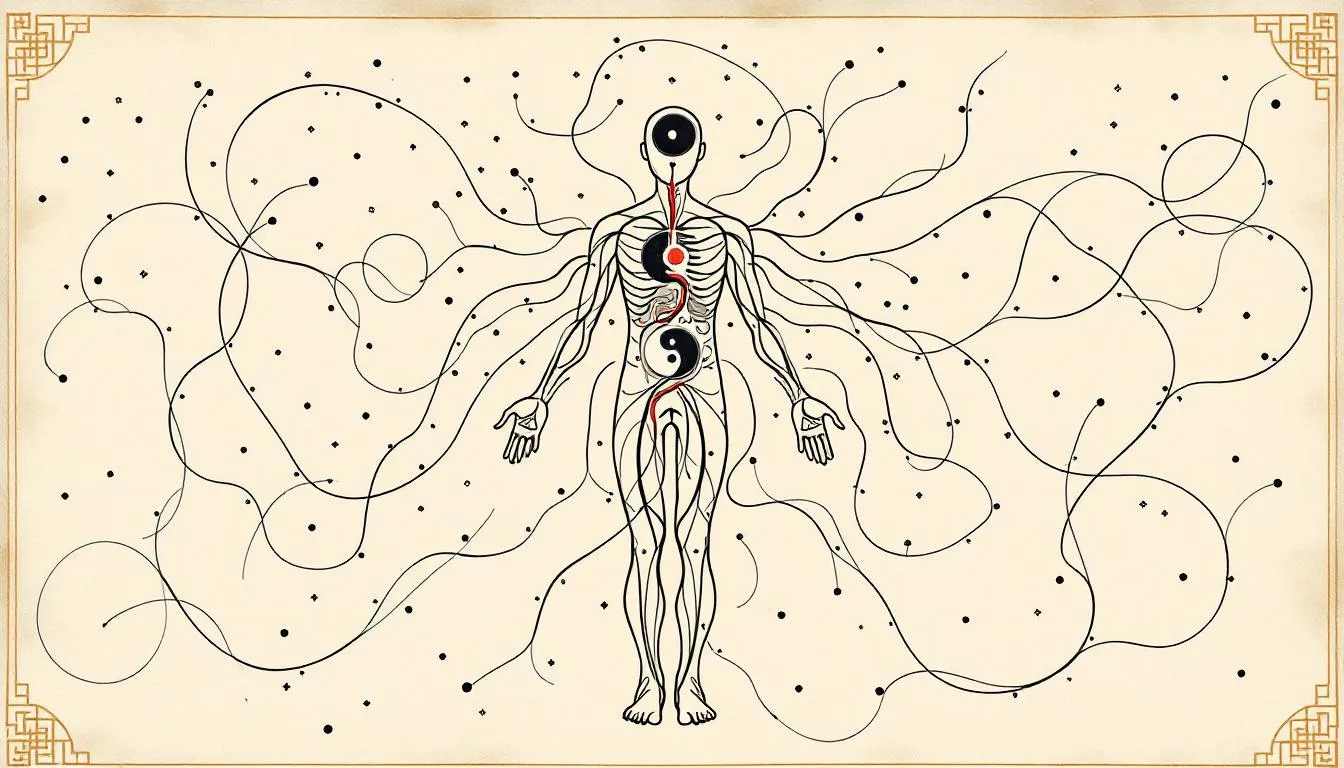 A graphic representation of Yin and Yang meridians in the human body.