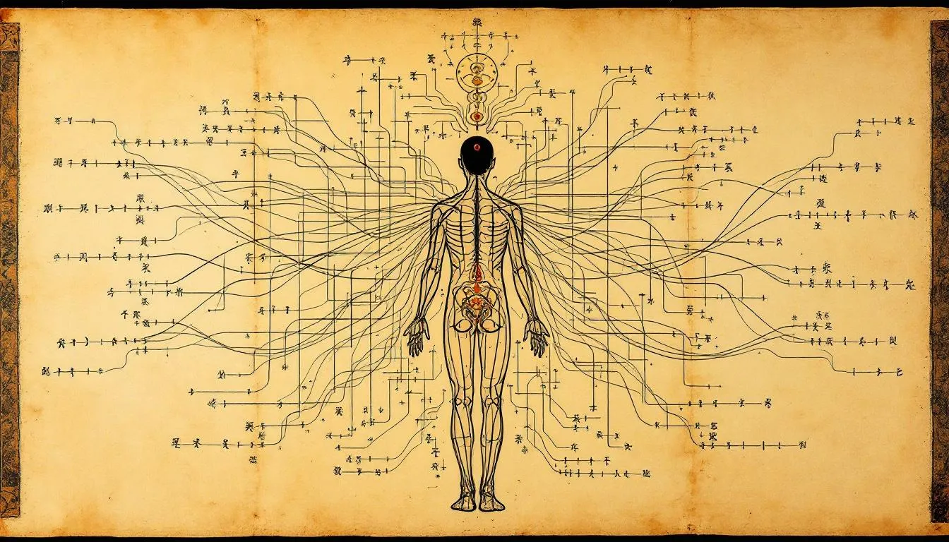 A visual map of key meridian pathways in traditional Chinese medicine.